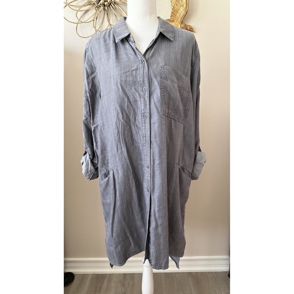 Chelsea & Theodore Dresses & Skirts - Chelsea & Theodore Tencel Lyocell Shirt Dress Gray XL Roll Tab Pockets Hi Low